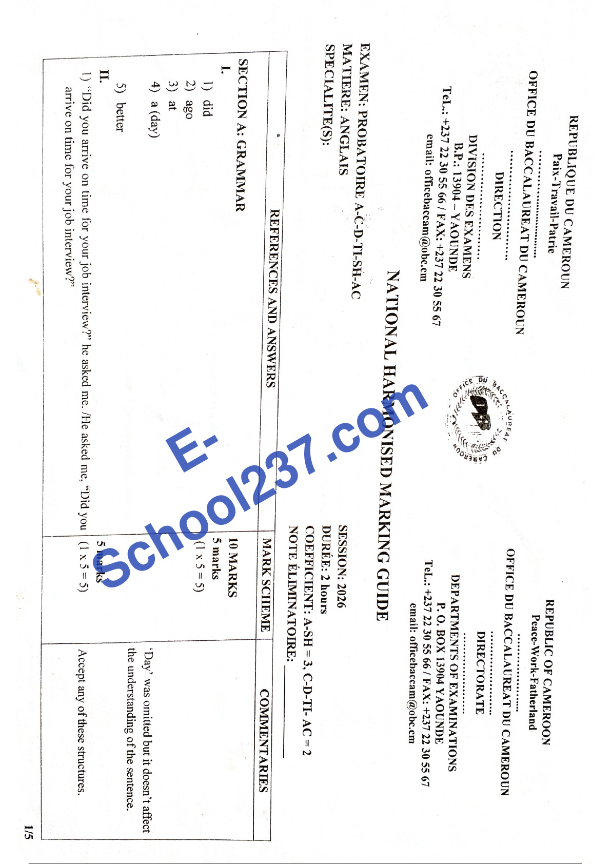 Corrigé national harmonisé Anglais Prob A4 2026